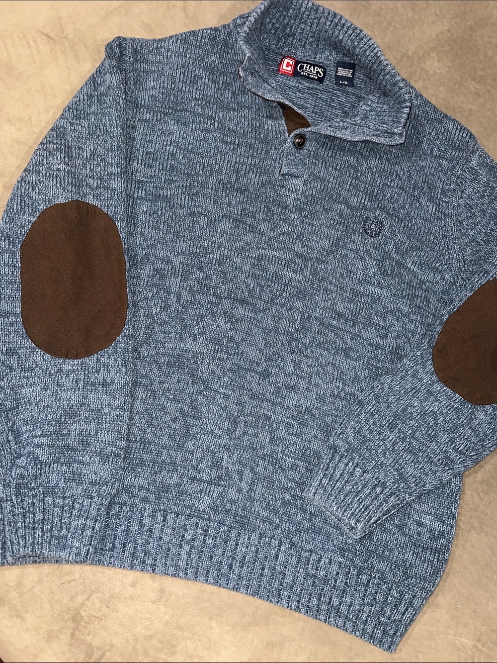 Chaps Men’s Heather Blue Zip Shawl Collar Sweater with Brown Elbow Patches